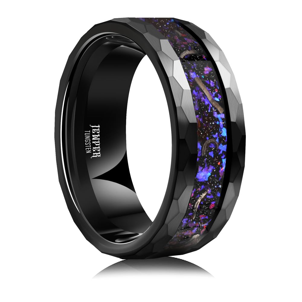 JEWPER 8mm Men Womens Wedding Band Tungsten Rings Black Blue Hammer pattern Fashion Promise Carbide Inlaid Milky Way Foil Iron Filings Matte Finish Edge Comfort Fit Size(9)