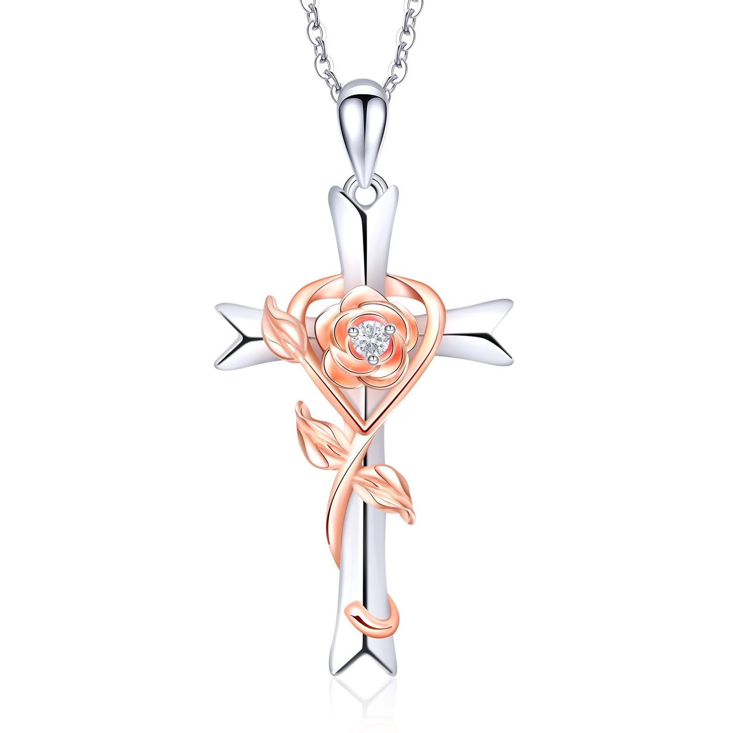 RIVIKO 925 Sterling Silver Cross April Birthstone Necklace for Women Cross Rose Pendant Necklaces Trendy Valentine's Day Christmas Jewelry Anniversary Jewelry Birthday Gift for Women Her Wife Girlfriends Daughter