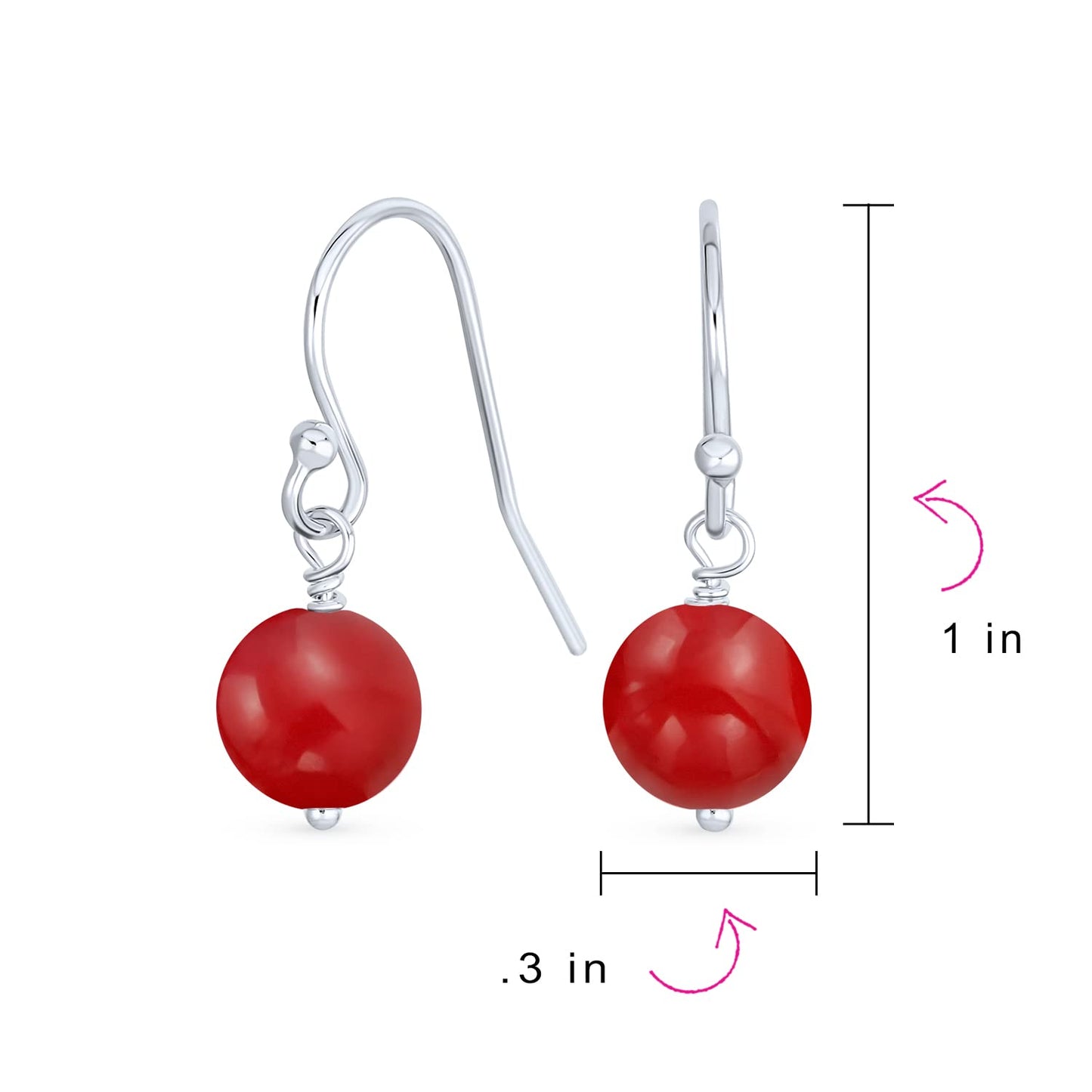 Bling Jewelry Timeless .925 Sterling Silver Red Carnelian Bead 8mm Ball Drop Earrings Fish Hook Genuine Gemstone