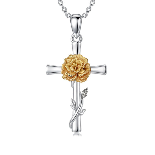 Cargari Marigold Flower Cross Necklace for Women 925 Sterling Silver Marigold Pendant Necklace Religious Floral Jewelry Gift