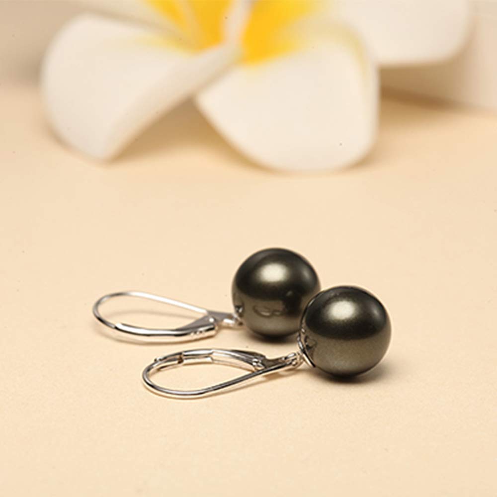 Han han Black Pearl Dangle Earring for Women Sterling Silver Leverback Earrings 10MM
