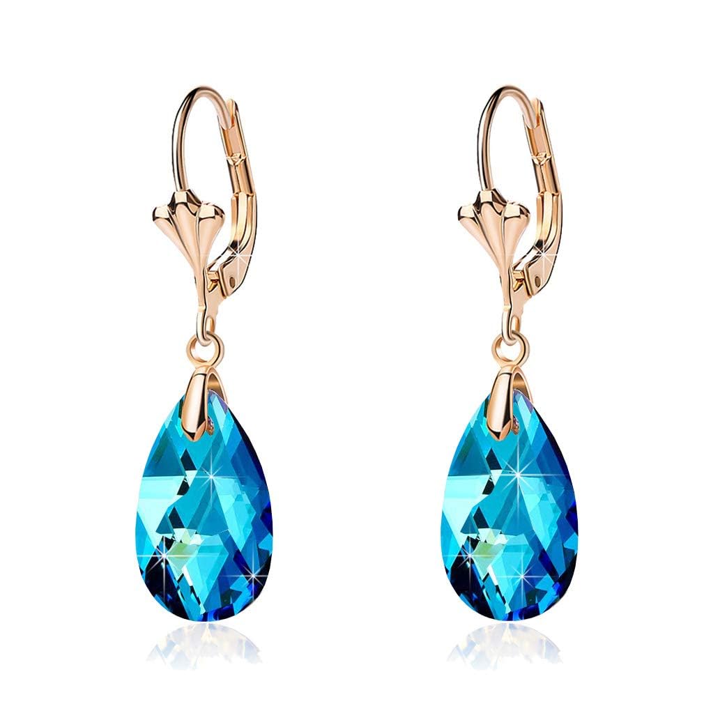Austrian Crystal Teardrop Leverback Dangle Earrings for Women Fashion 14K Gold Plated Hypoallergenic Jewelry (Bermuda Blue)
