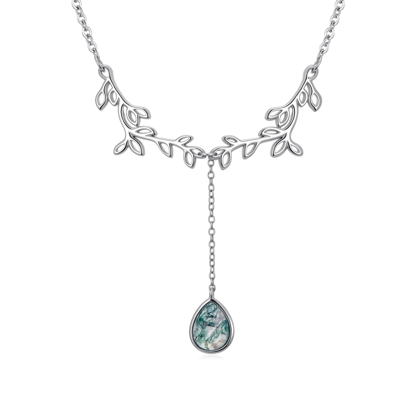 Silikepa Leaf Necklace for Women 925 Sterling Silver Leaf Pendant Necklace Y Chain with Moss Agate Jewelry Gifts for Women