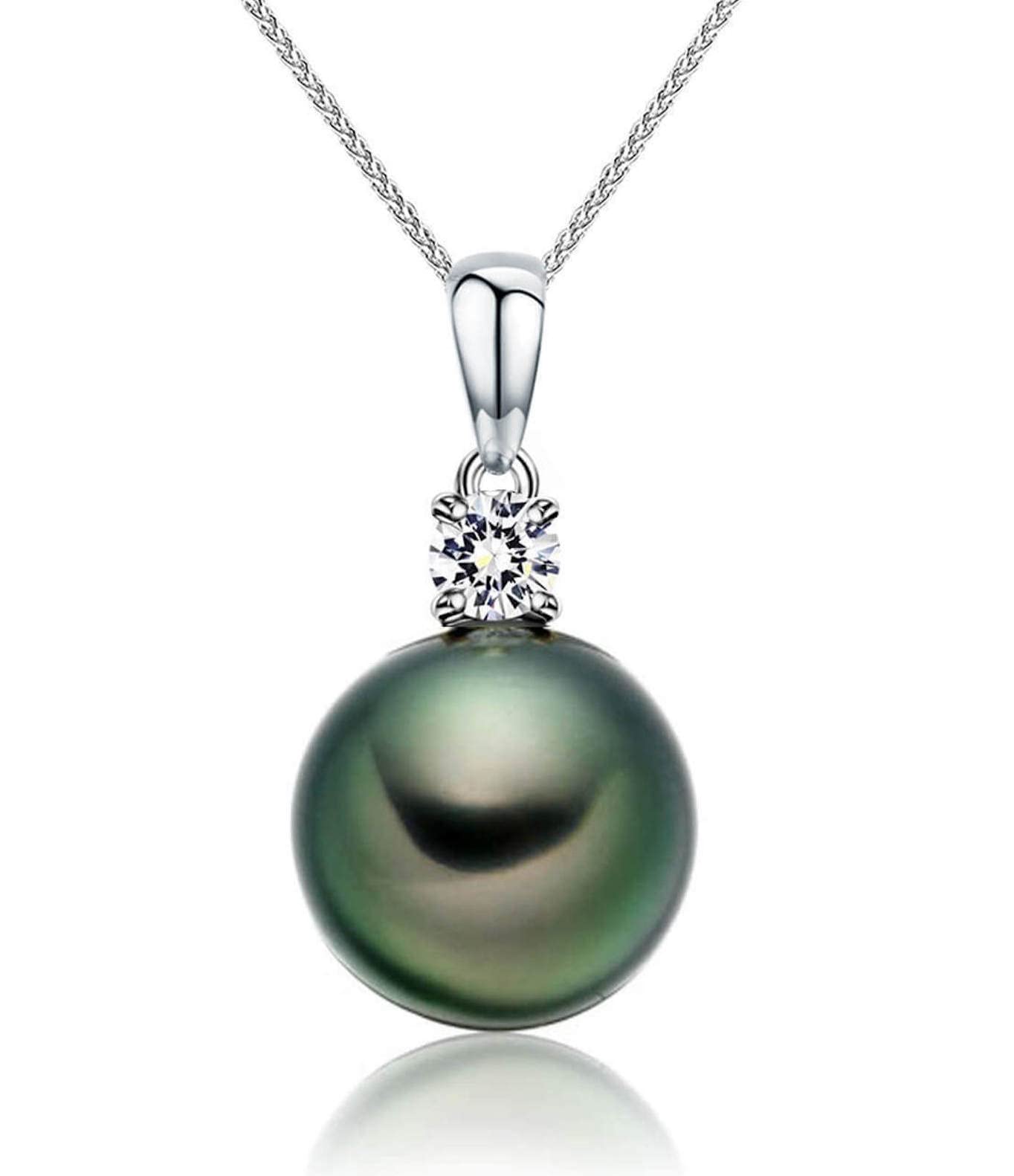 CHAULRI Solid 18K Gold Top Grade AAA Single 9-10mm Tahitian Black Pearl Pendant Necklace with 18 Inch Solid 18K Gold Chain - Jewelry Gifts for Women (white-gold)