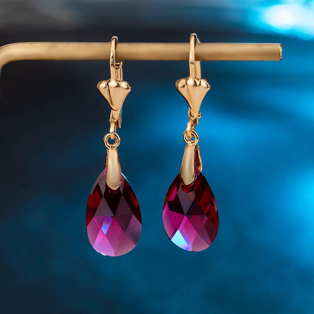 Austrian Crystal Teardrop Leverback Dangle Earrings for Women Fashion 14K Gold Plated Hypoallergenic Jewelry (Fuchsia)