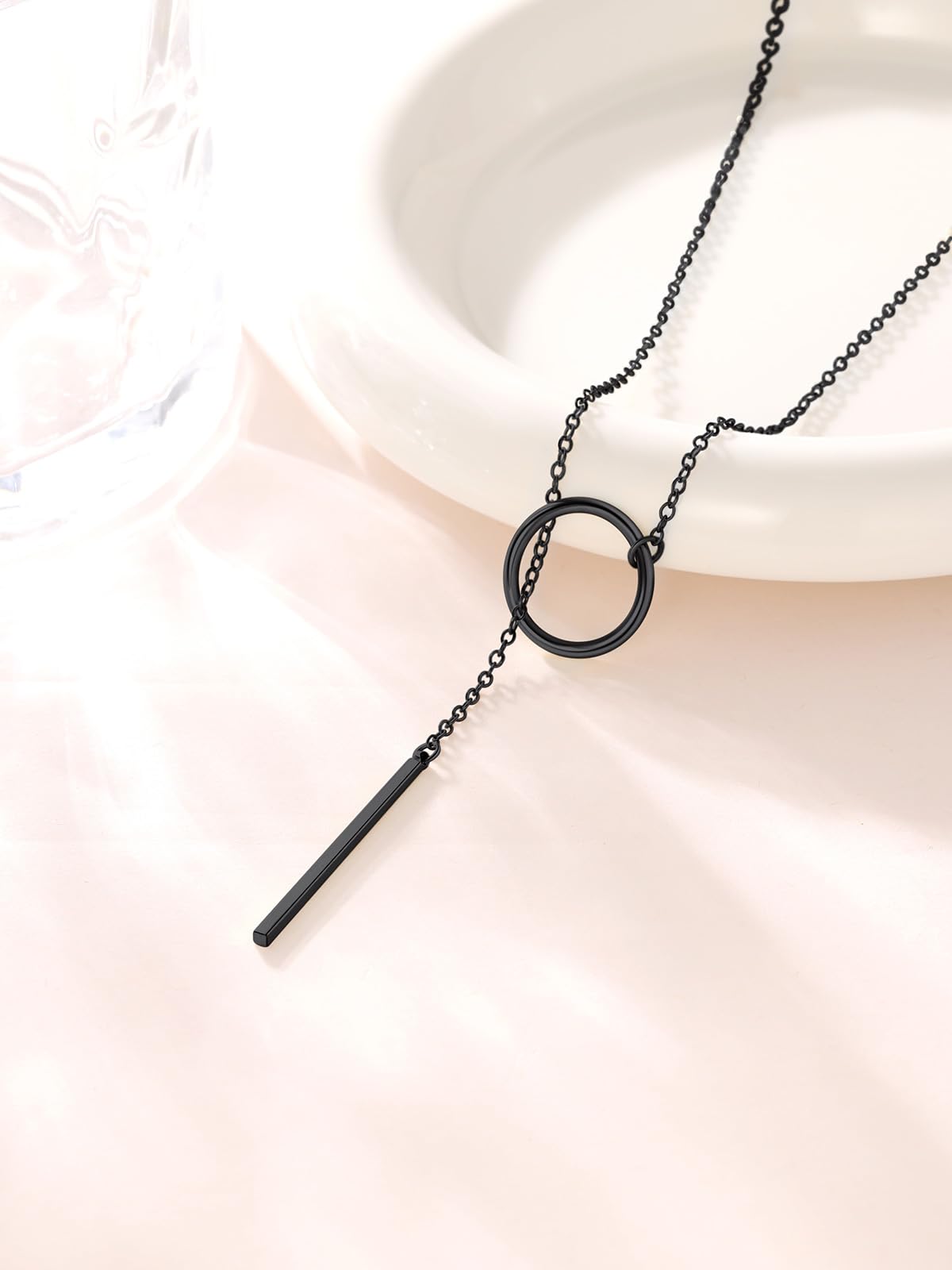 FOCALOOK Long Black Necklaces for Women Drop Bar Pendant Larait Y Necklace 28inch/73cm