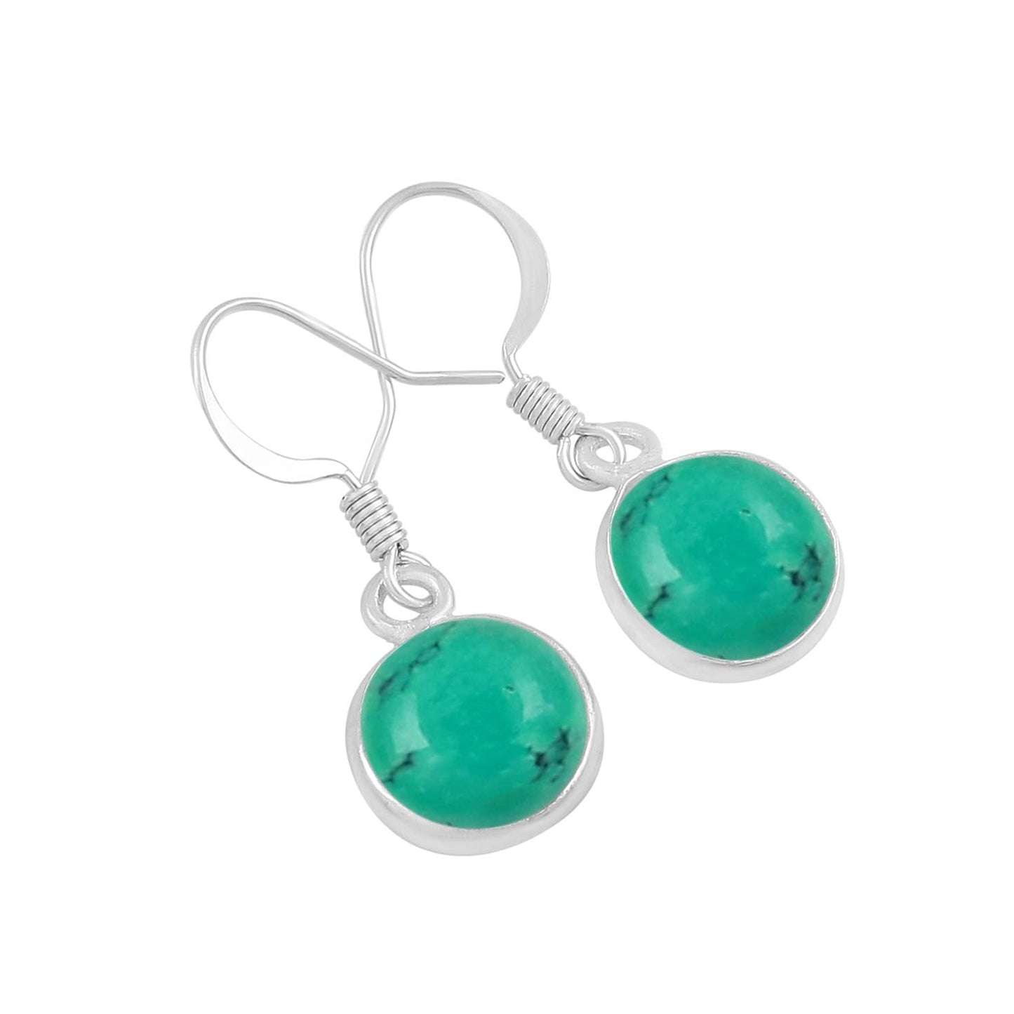 Natural Turquoise 925 Silver Plated Dangle Earrings for Women - Round Shape Green Color Gemstone December Birthstone Handmade Jewelry Earrings - Birthday Gift for Her