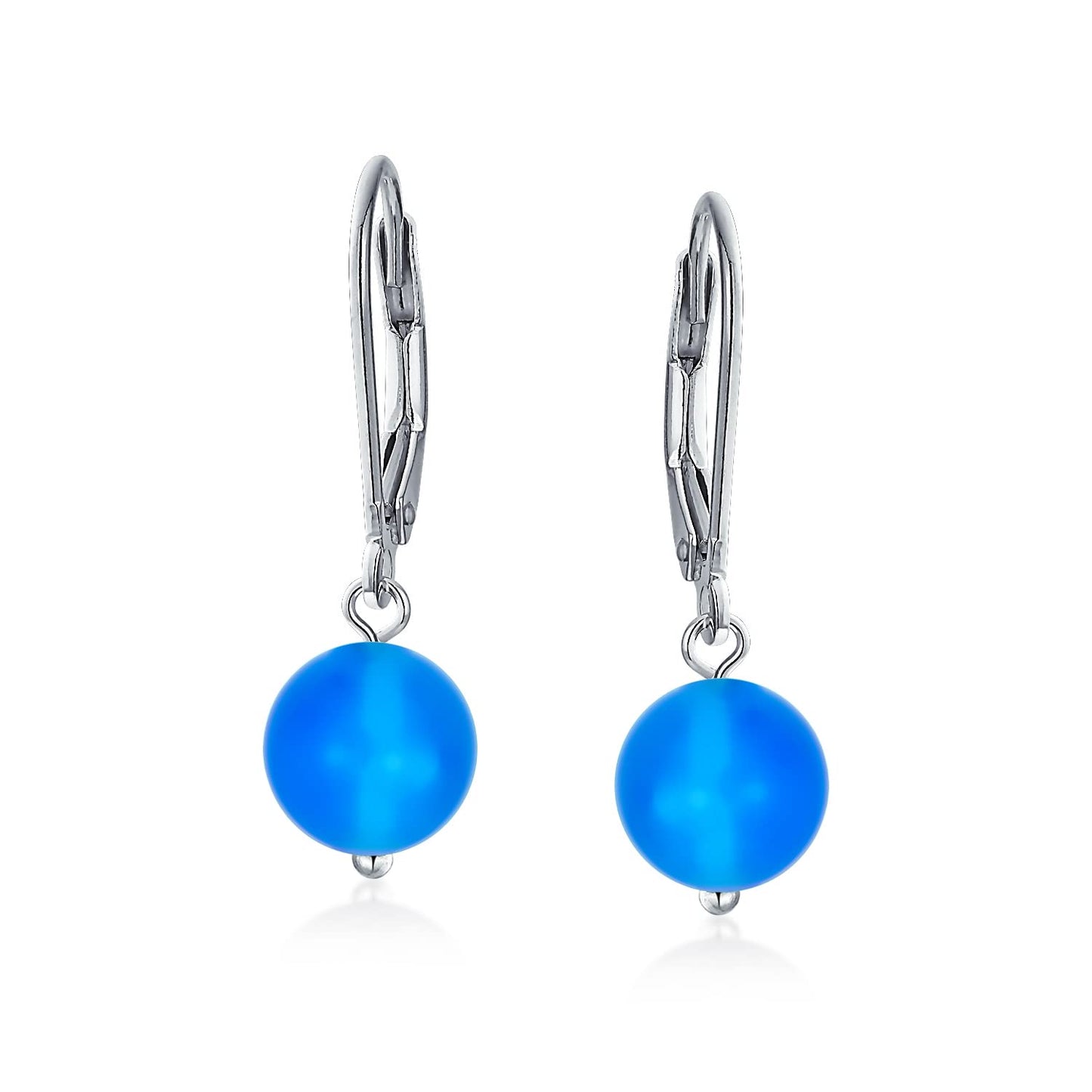 Bling Jewelry Timeless .925 Sterling Silver Blue Agate Bead 8mm Ball Drop Earrings Lever Back Genuine Gemstone