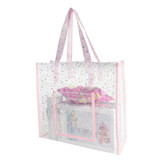 TotePrint TPU Star Clear Tote Bag - Large, Pink, Waterproof, Sandproof - Zipper Closure, Perfect for Beach, Shopping, Travel or Everyday Use