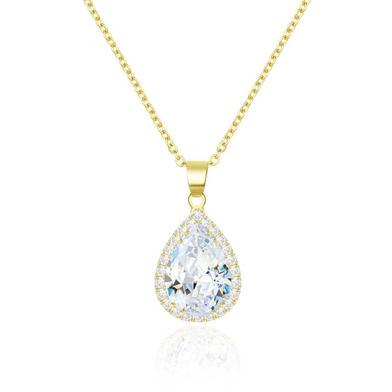 Linawe Crystal Pendant Necklace for Women Trendy, Wedding Bride Bridesmaid Jewelry Set, 14K Gold Chain Moissanite Imitation Diamond Necklace