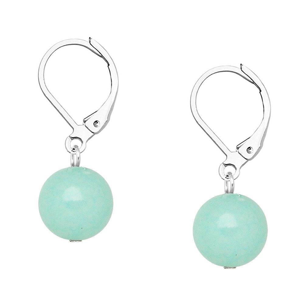 Falari 10mm Round Natural Stone Earring High Polished Rhodium Leverback Aqua Jade