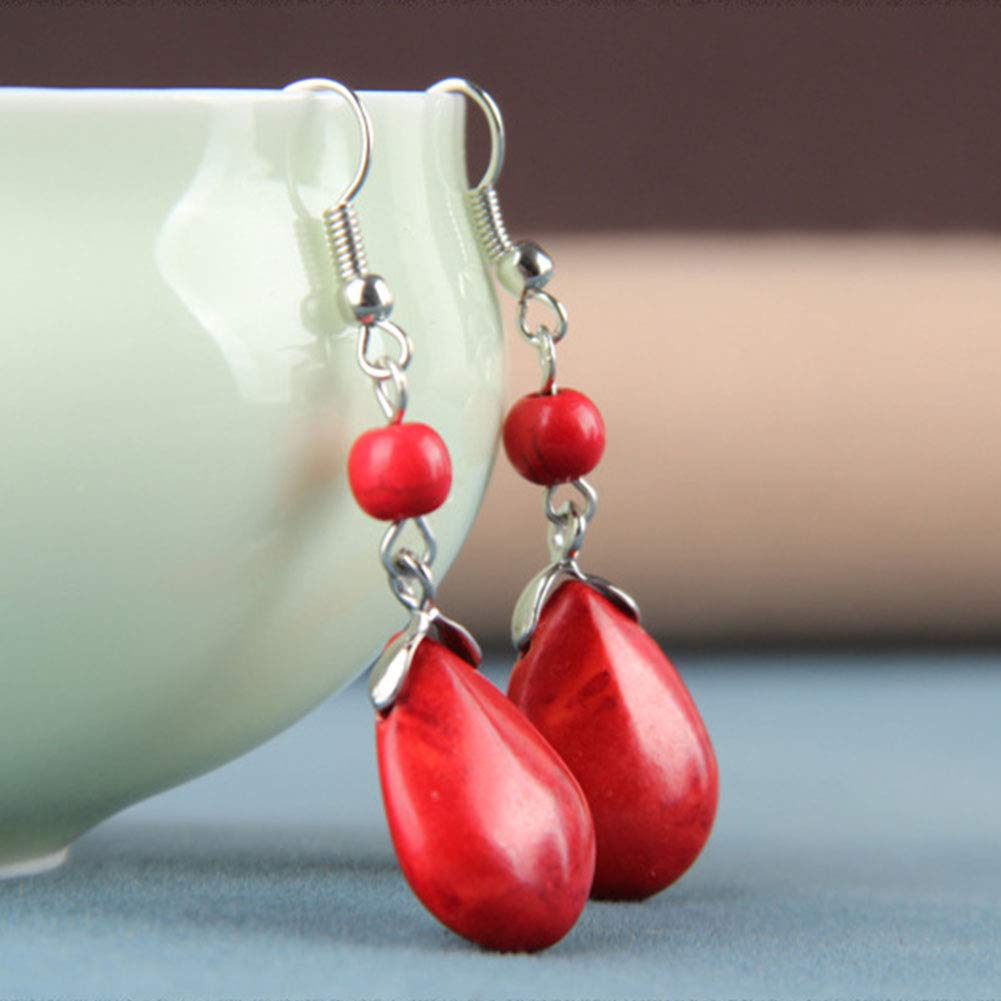 Double Turquoise Drop Earrings Natural Stone Round Bead Ball Dangle Earrings for Women Fashion Jewelry Gift (K:red)