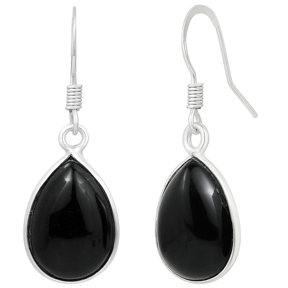 Natural Black Onyx Sterling Silver Plated Dangle Earrings for Women - Black Gemstone Teardrop Shape July Birthstone Dangle & Drop Handmade Earrings - Women's Day Gifts for Her