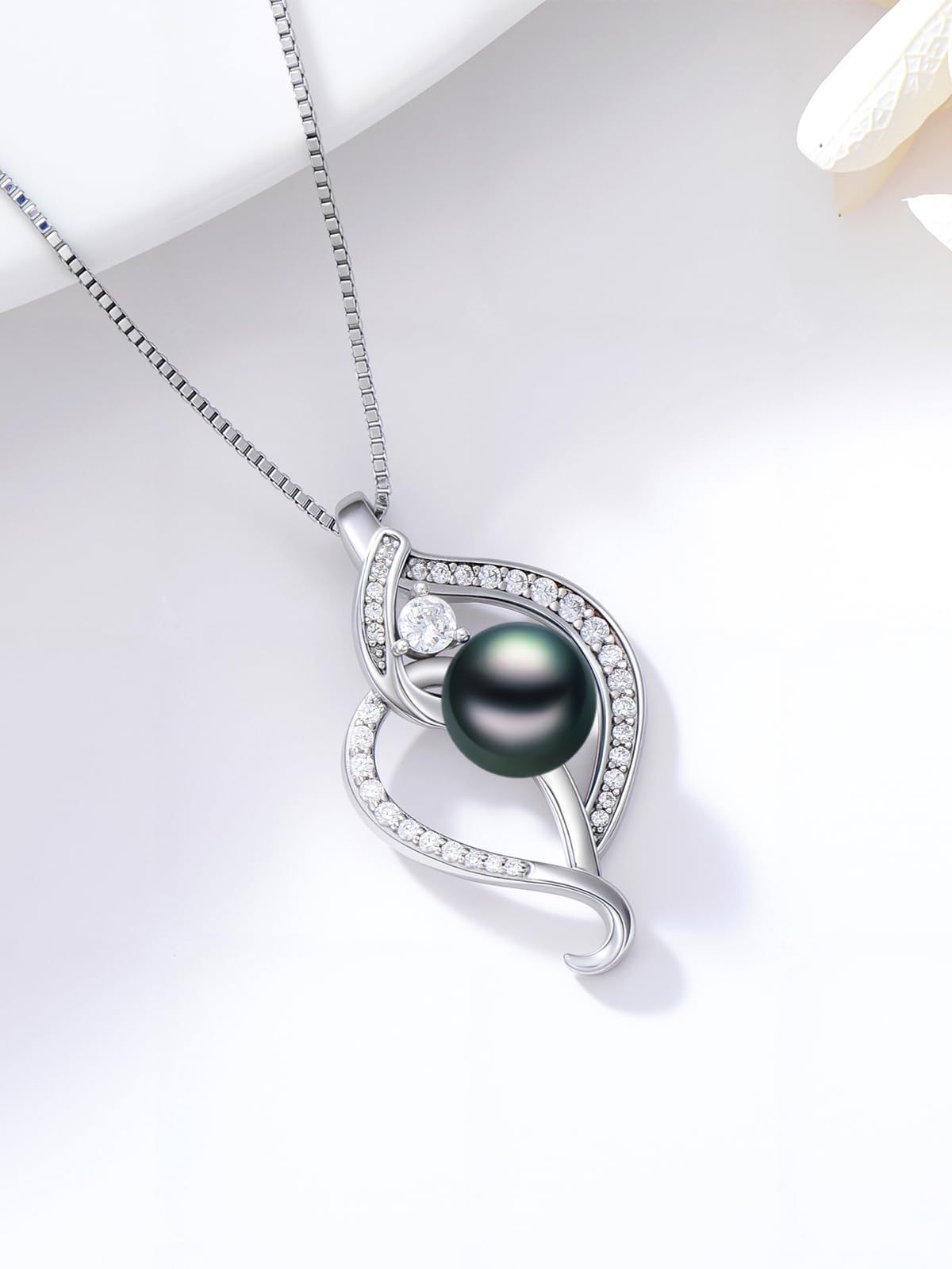KANNSOAR Tahitian Black Pearl Necklace 18K White Gold Plated 925 Sterling Silver AAAA Black Pearl Pendant Necklace Jewelry Gift for Mom Women Wife Her Wedding Birthday Anniversary