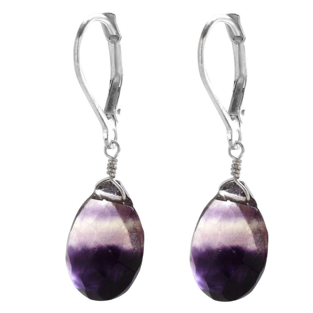 GemInspire Fluorite Teardrop Earrings for Women 925 Sterling Silver Leverback Lightweight Natural Crystal Dangle Minimal Drop Jewelry Gift for Mom Wife Girlfriend Everyday Wear