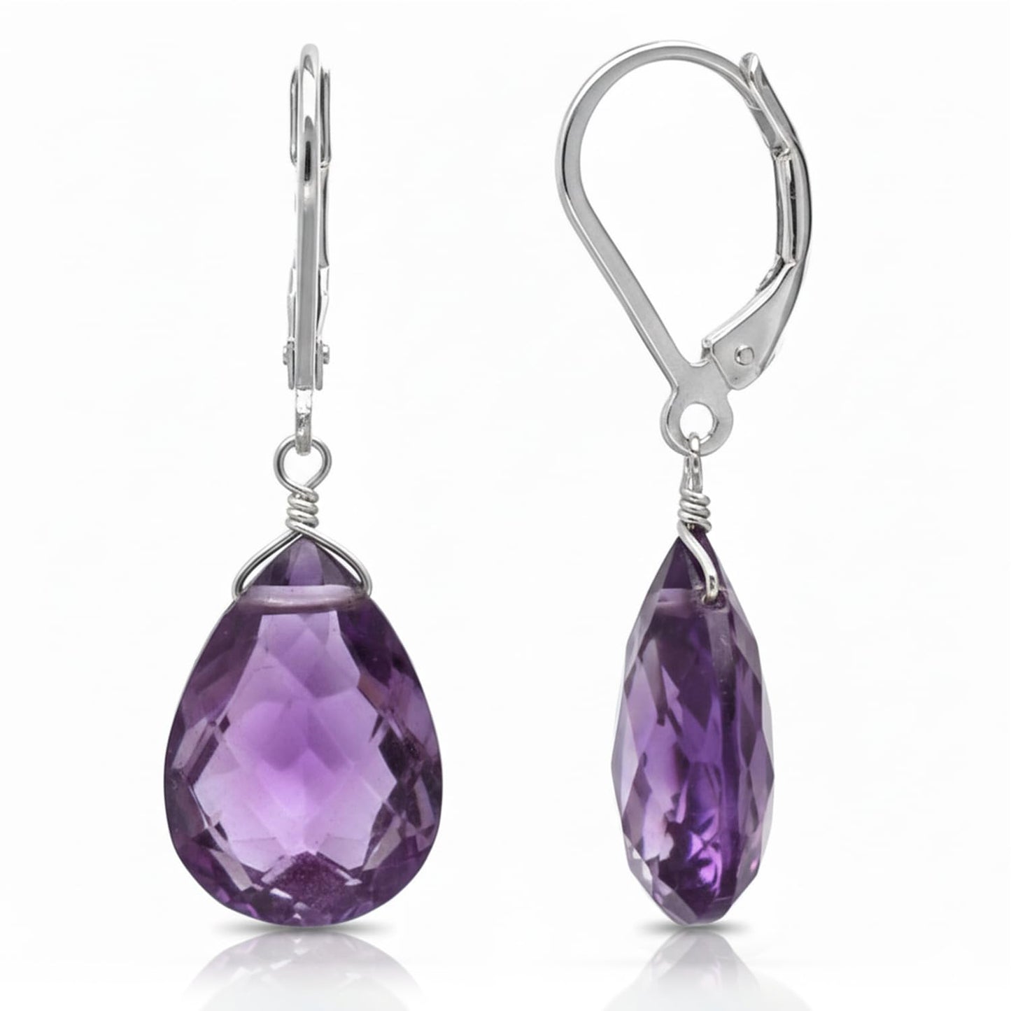 GemInspire Amethyst Teardrop Dangle Earrings for Women, Leverback Pear Shaped Gemstone, 925 Sterling Silver Leverback Hoops, Handmade February Birthstone Jewelry Gift