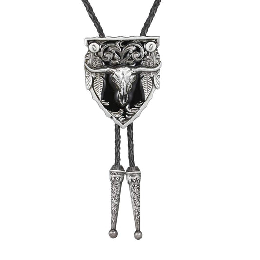 joymiao Leather Bolo Tie Vintage Adjustable Cowboy Neck with Round Silver Pendant Handmade Western Cow Skull Design Necktie