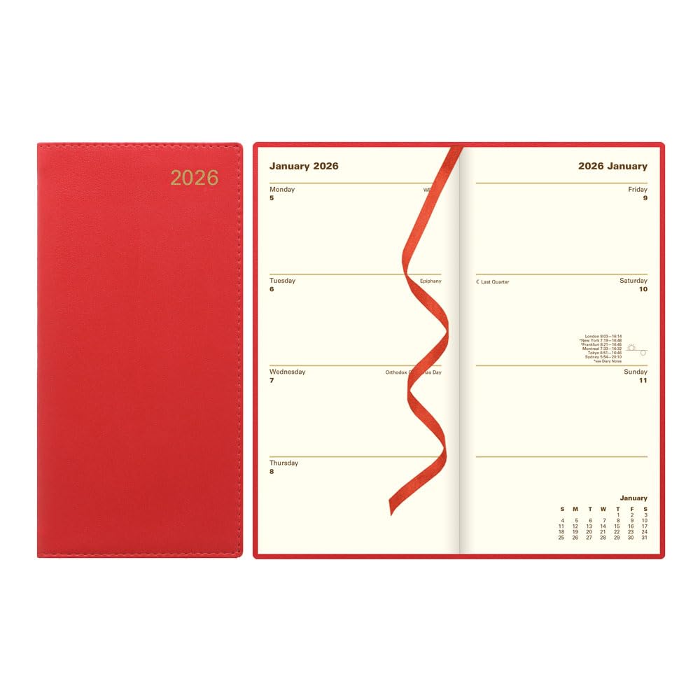 Letts of London® 2026 Belgravia Weekly/Monthly Appointment Book and Planner, 12 Months, January to December, Italian Leather, Vertical, Slim Size, 6.625" x 3.25", English, Red (C33SURD-26)