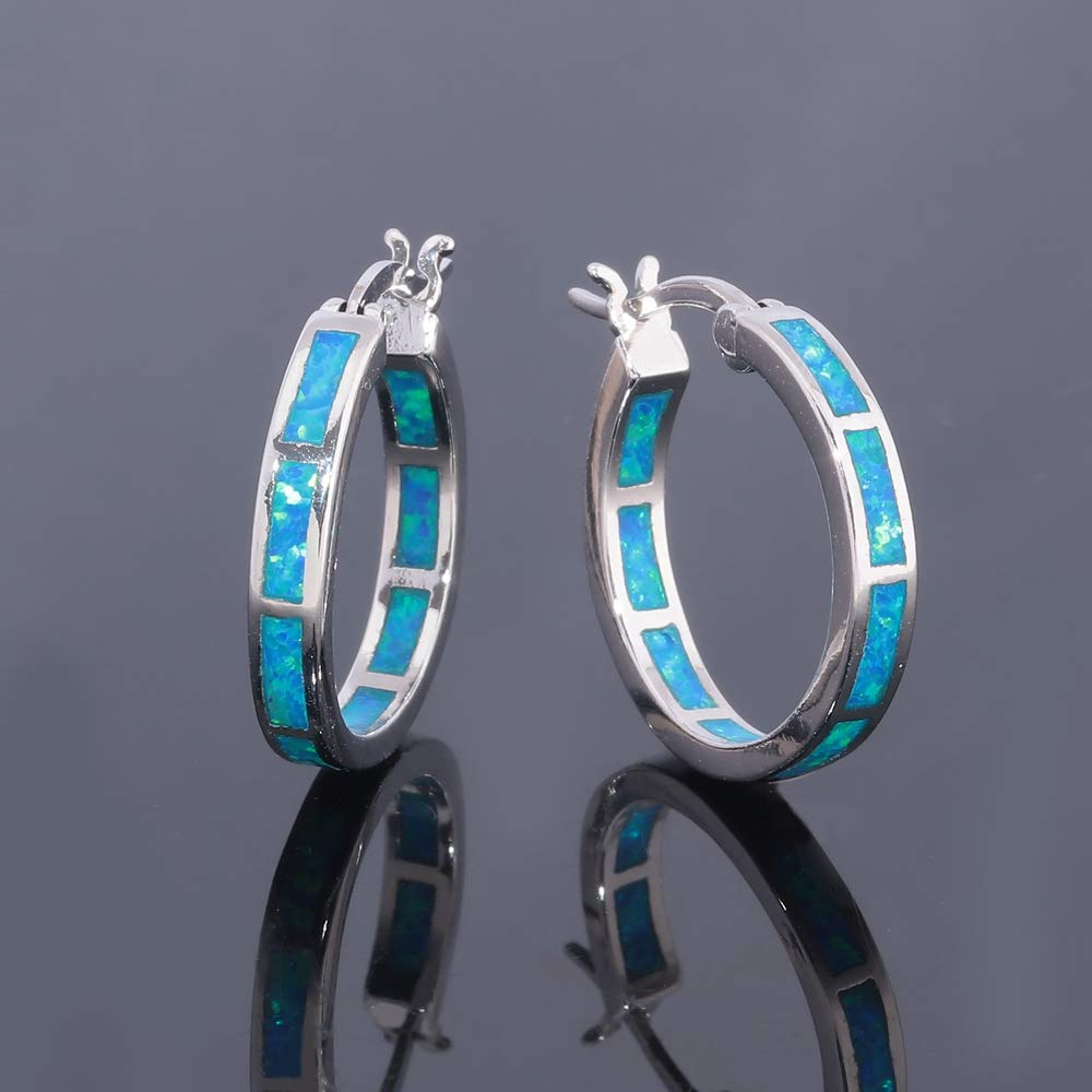 CiNily Sterling Silver Plated Hoop Earrings, Blue Opal Small Hoop Earrings for Women Hypoallergenic Earring Jewelry Ear Hoops Gemstone Round Hoops for Ladies