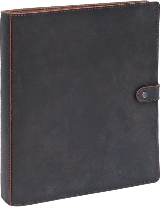 Fan&Ran Leather 3 Ring Binder, 1" Round Rings for 8.5"x11" Paper and Sheet Protectors, Interior Pockets & Snap Closure, Letter Size, Vintage Brown