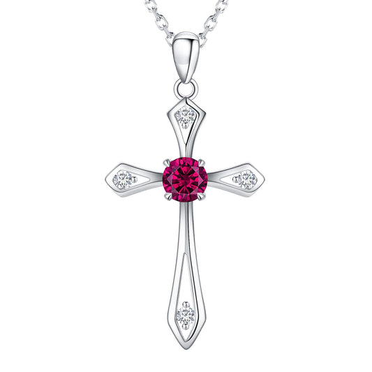QUALISE Cross Necklace for Women,925 Sterling Silver July Birthstone Necklace Cross Pendant 5A CZ 12 Birth Months Birthstone Fine Ruby Jewelry Birthday Gifts for Her Wife Mom