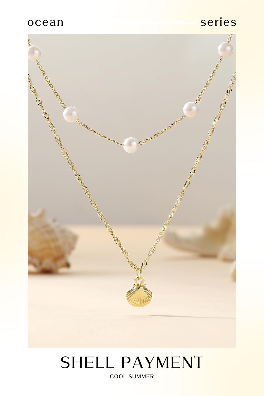 Beach Layered Shell Necklace for Women, 14K Gold Plated Starfish Conch Seashell & Pearl Charm Pendant, Dainty Coastal Summer Vacation Jewelry (Seashell Necklace)