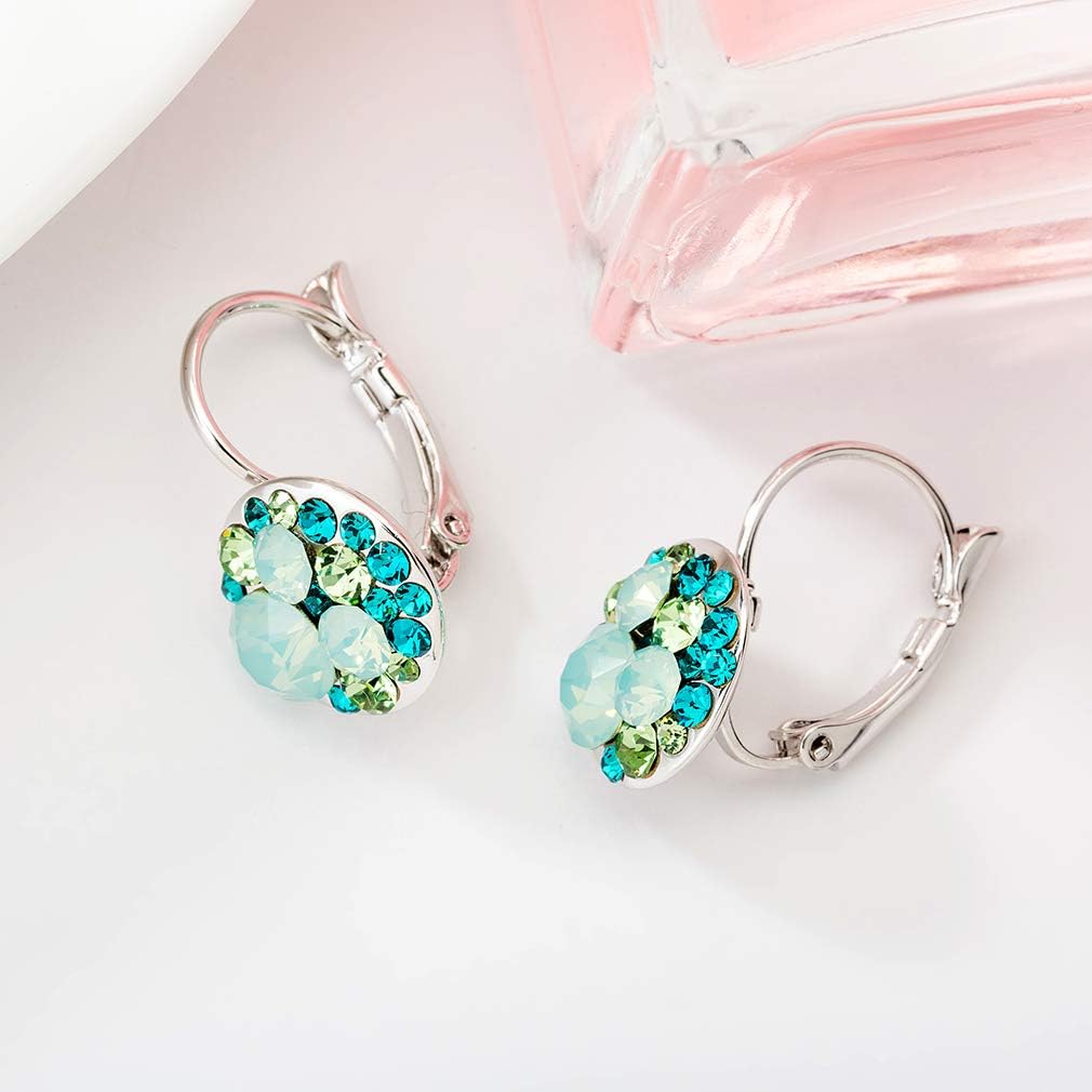 Multicolored Austrian Crystal Drop Earrings for Women 14K Gold Plated Hypoallergenic Leverback Dangle Earrings (Green Main Crystal/Silver-tone)