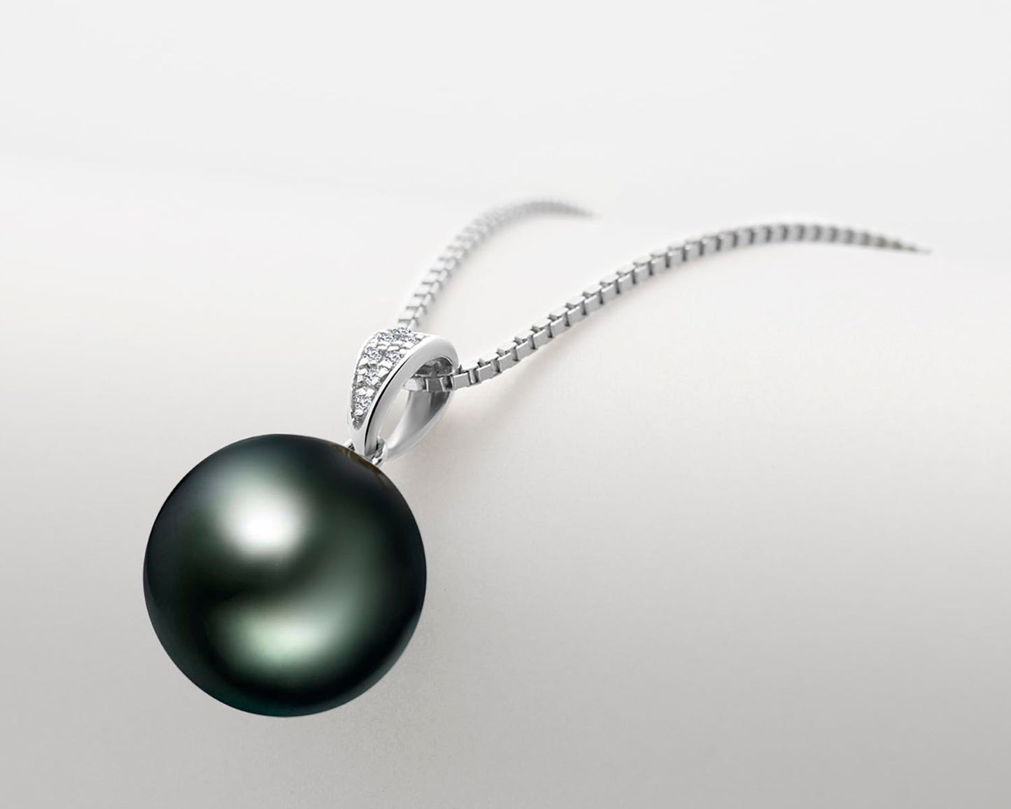 18K Gold Black Pearl Pendant Necklace with Diamond 10-11mm Genuine Tahitian Cultured Round Pearls Jewelry for Women with 18" Silver Chain - White Gold