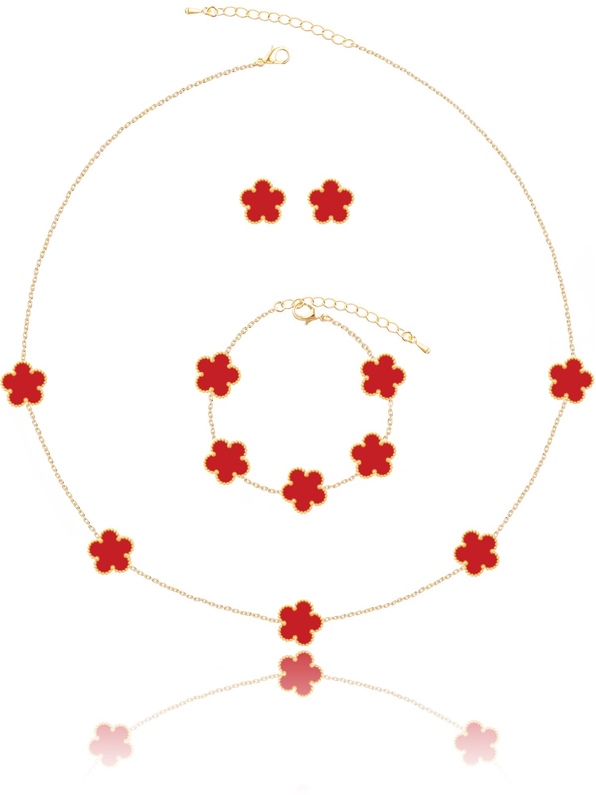 Qinpan Five Leaf Clover Necklace Bracelet and Stud Earrings Set for Women Lucky Flower Jewelry (Red-14K Gold Plated)