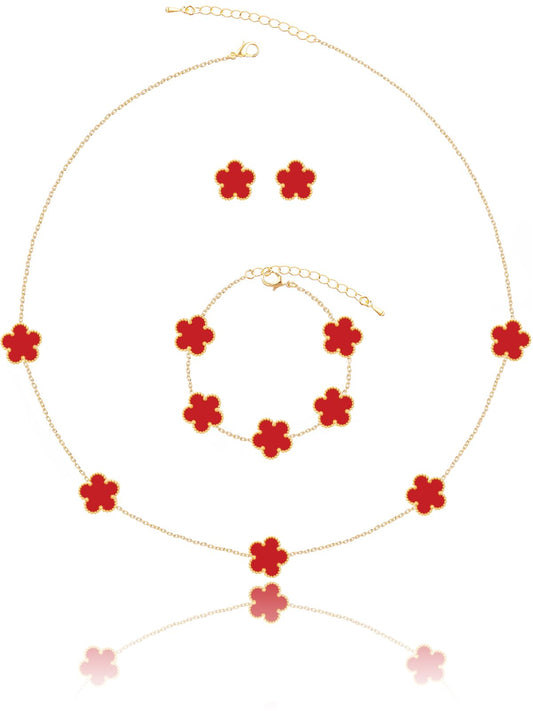 Qinpan Five Leaf Clover Necklace Bracelet and Stud Earrings Set for Women Lucky Flower Jewelry (Red-14K Gold Plated)
