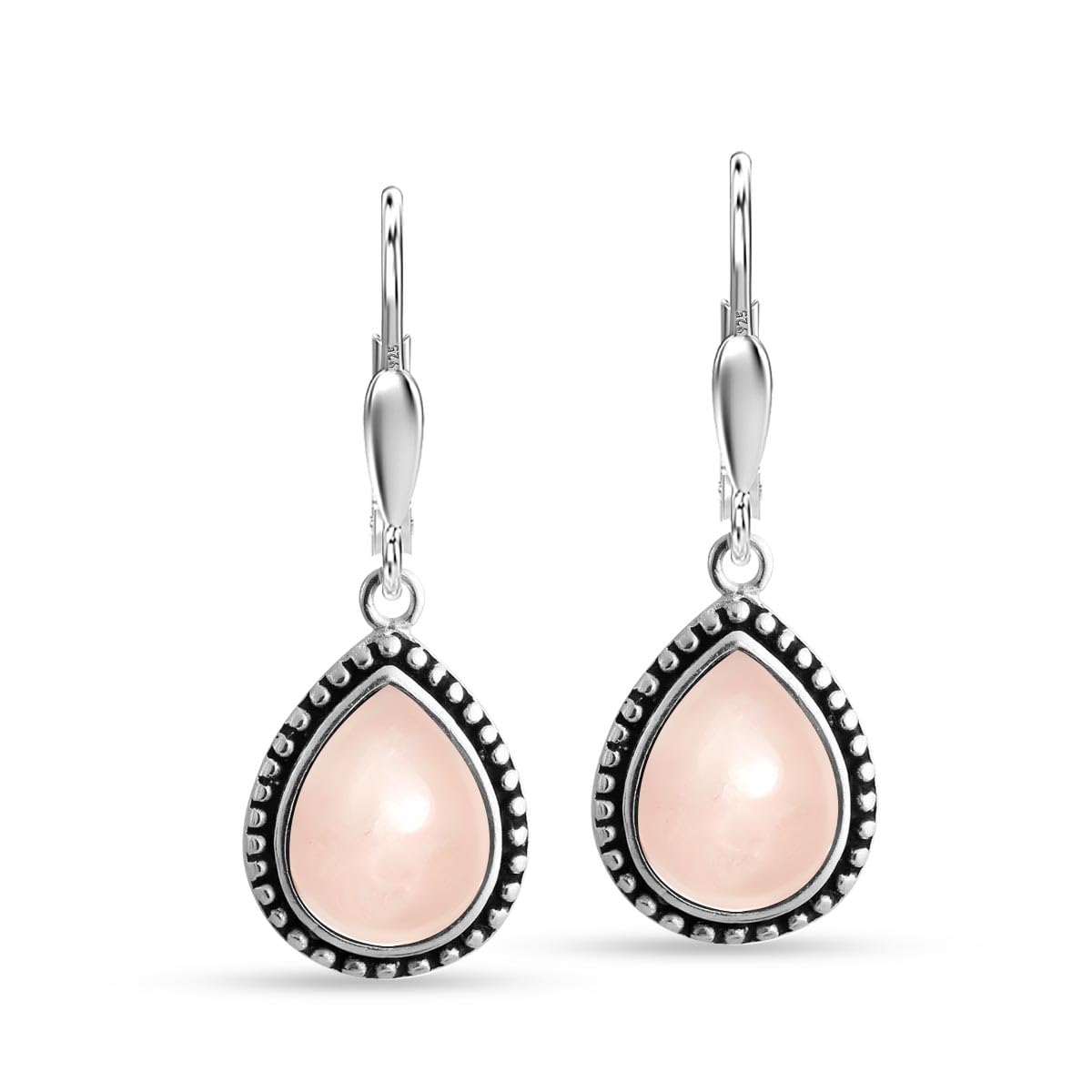 LeCalla 925 Sterling Silver Teardrop Leverback Earrings for Women | Antique Pear Shaped Rose Quartz Dangle Earrings 30MM