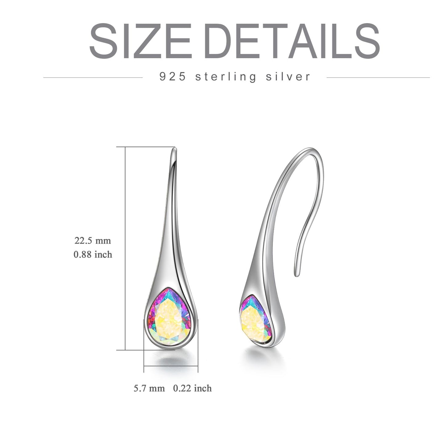 925 Sterling Silver Teardrop Earrings, Hypoallergenic Pear-Shaped Dangle Drop Earrings for Women with Aurora Borealis Crystals