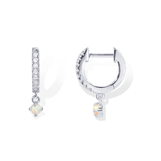 PAVOI Rhodiuum Plated 925 Sterling Silver Post Trendy Opal Stone Dangle Huggie Earrings for Women - Small Gold Hinged Gemstone Huggie Hoop Earrings