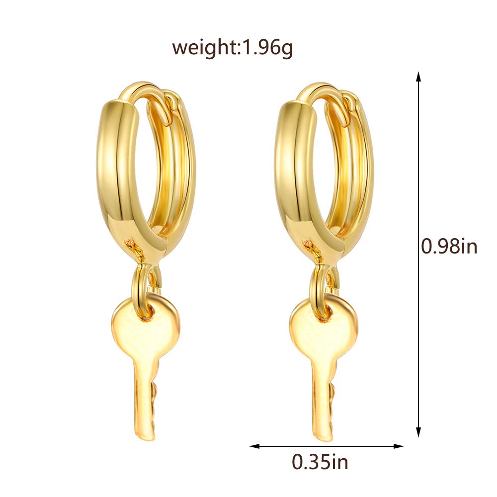 Small Hoop Key Dangle Drop Hoop Earrings With Small Charm for Women Cute Cartilage Fashion 18K Yellow Gold Plated Vintage Elegant Dangling Jewelry