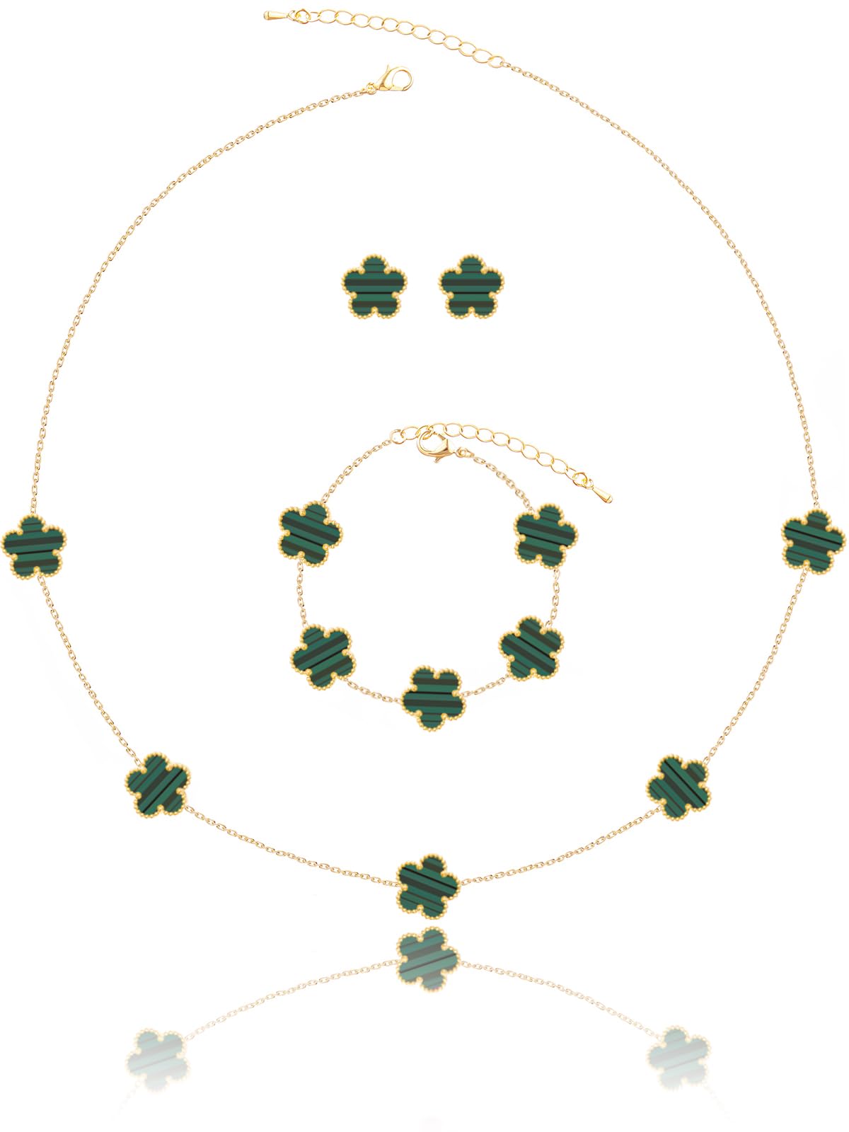 Qinpan Five Leaf Clover Necklace Bracelet and Stud Earrings Set for Women Lucky Flower Jewelry (Green Stripe-14K Gold Plated)