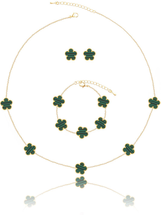 Qinpan Five Leaf Clover Necklace Bracelet and Stud Earrings Set for Women Lucky Flower Jewelry (Green Stripe-14K Gold Plated)