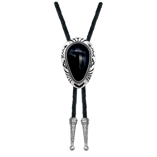 QUKE Black Stone Bolo Tie Native Western Cowboy Hand-woven Leather Bola Tie Necktie for Men Women