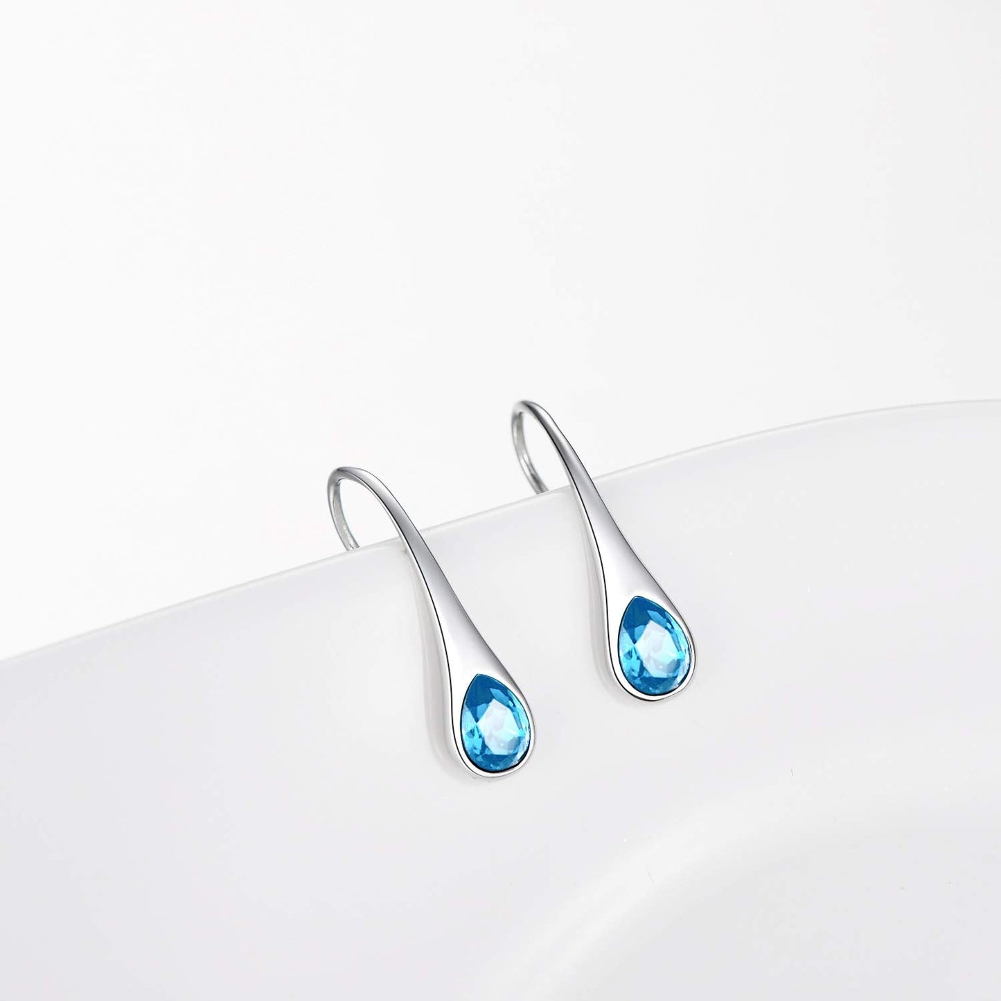 AOBOCO 925 Sterling Silver Small Pear-Shaped Modern Style Hook Dangle Drop Earrings for Women Crystals from Austria (Simulated Aquamarine)