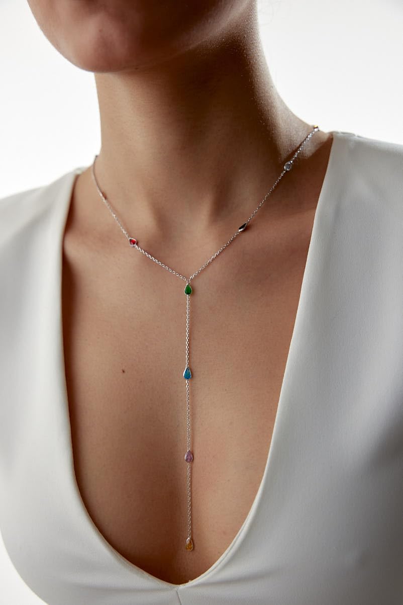 joy-d Colorful Gemstone Lariat Necklace for Women – Elegant Y Necklace with Teardrop Charms. Gold Plated Desginer Necklace - Gift for Her (Silver)