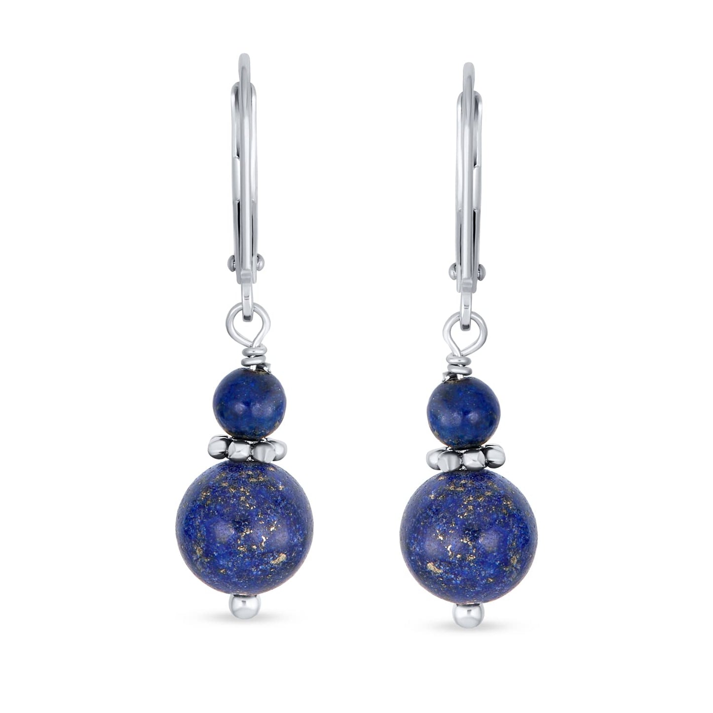 Bling Jewelry Bali Style .925 Sterling Silver Blue Lapis Lazuli Bead 3MM & 8mm Balls Drop Earrings Milgrain Rondel Separator Lever Back Genuine Gemstone