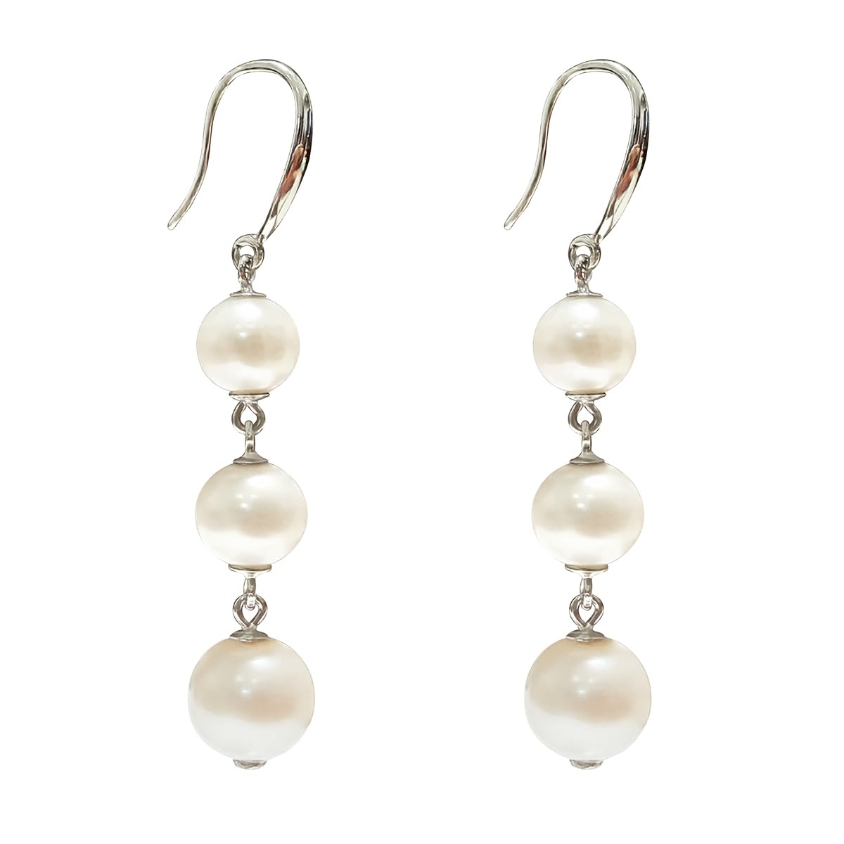 Alevel Long Tassel 925 Sterling Silver Ear Hook, Natural Freshwater Cultured Pearl Earrings, 7-9mm Round White Pearls