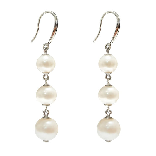 Alevel Long Tassel 925 Sterling Silver Ear Hook, Natural Freshwater Cultured Pearl Earrings, 7-9mm Round White Pearls