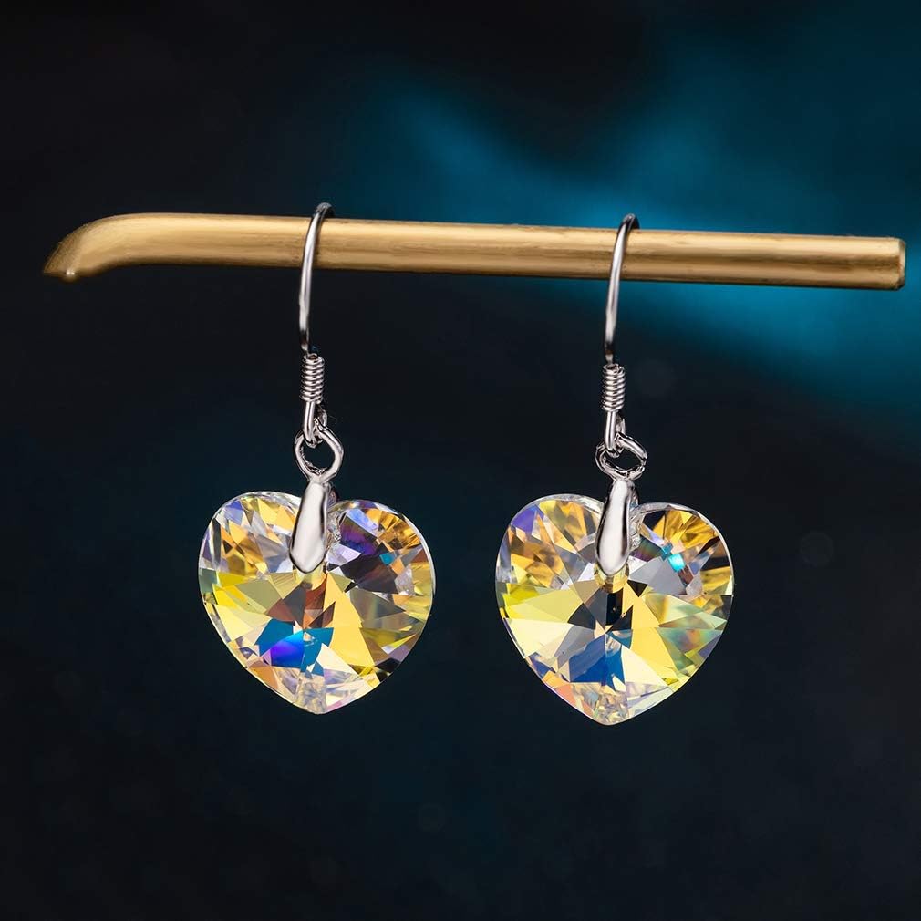 Austrian Crystal Heart Drop Dangle Earrings for Women 925 Sterling Silver Hook Hypoallergenic Earring (Aurora Borealis)