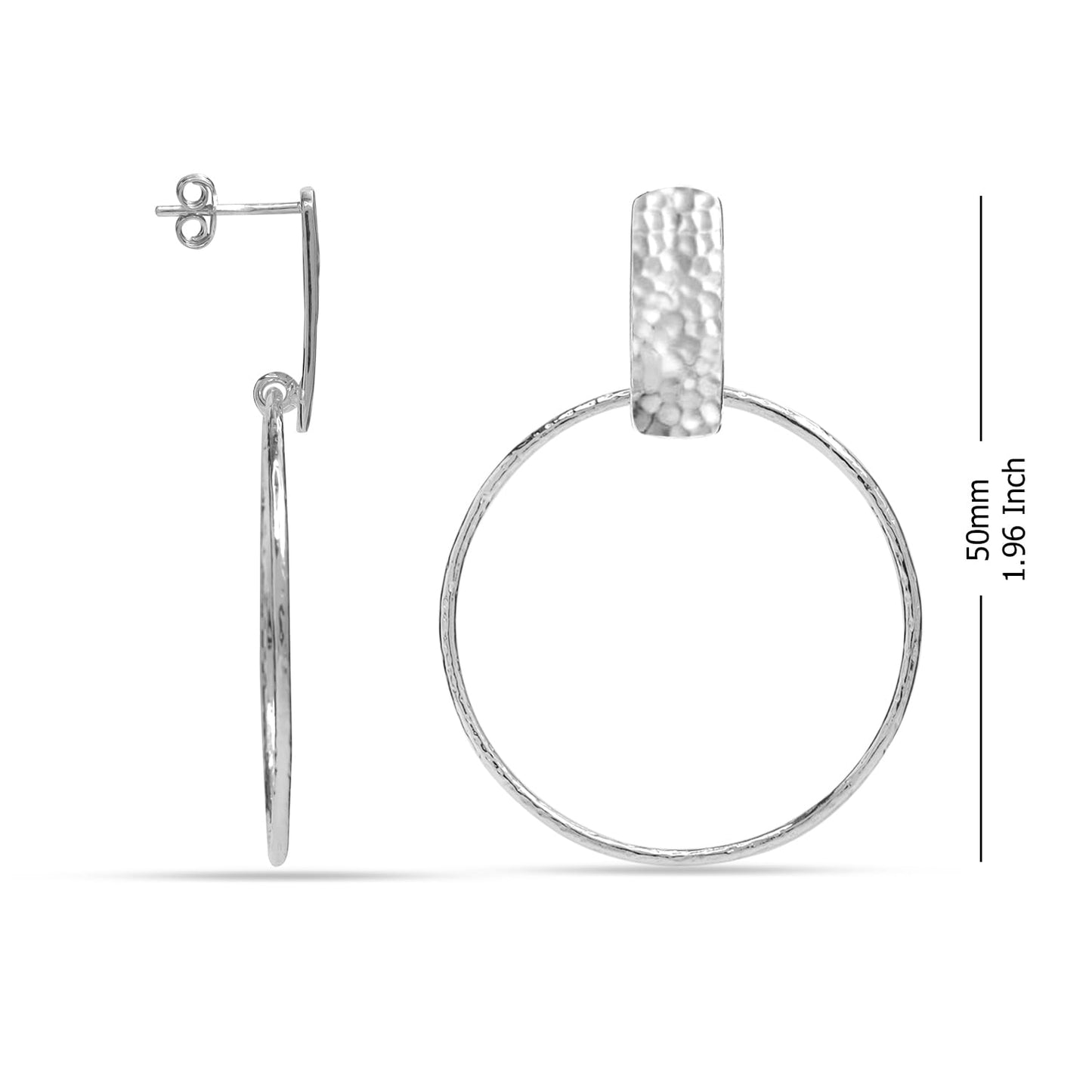 LeCalla 925 Sterling Silver Open Round Drop Dangle Hoop Earring Lightweight Hammered Bar Circle Endless Summer Textured Stud Hoop Earrings for Women 50 MM