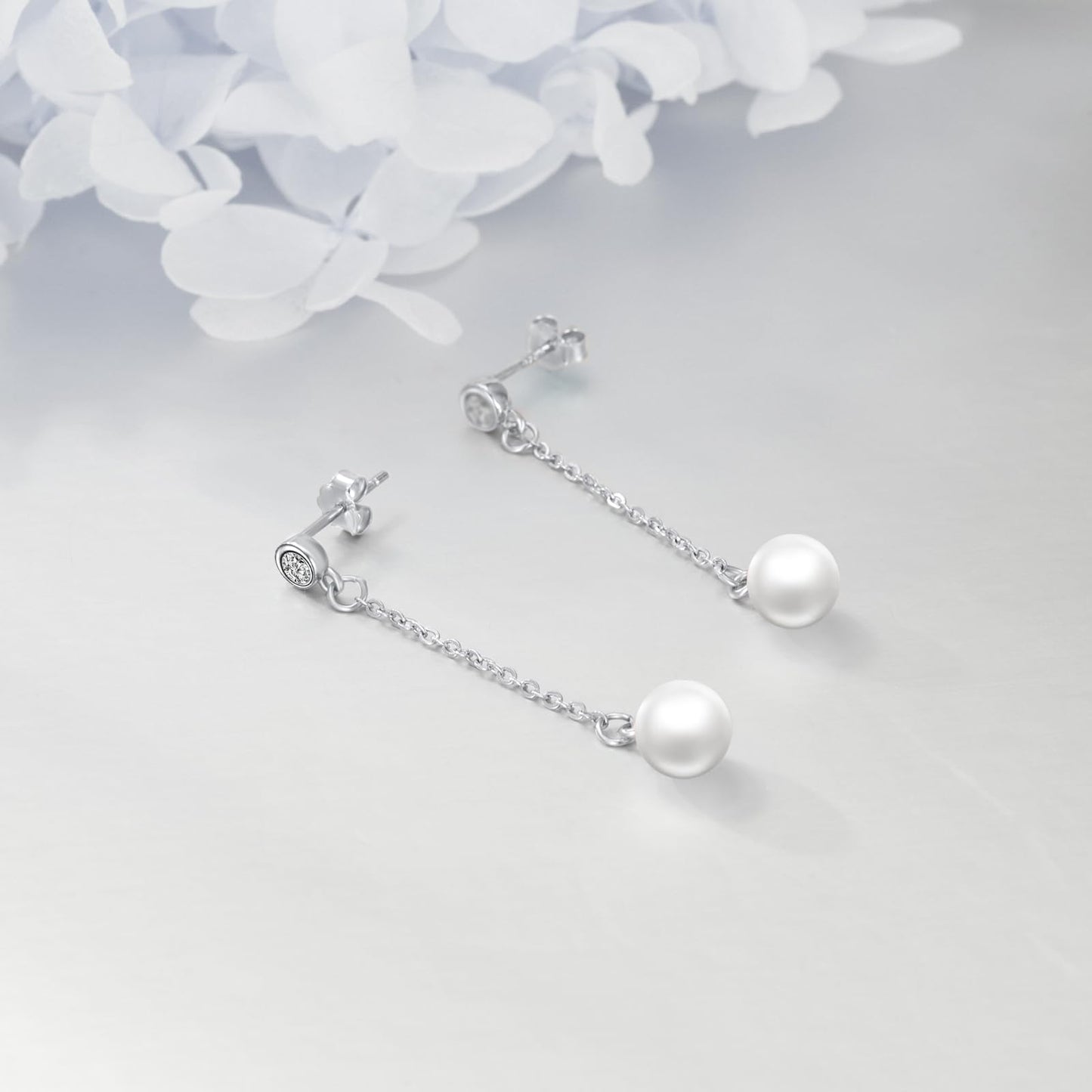 POPLYKE Pearl Drop Earrings Sterling Silver Threader Pearl Long Chain Earrings Jewelry Gifts for Women Wedding Bridesmaids(White Gold)