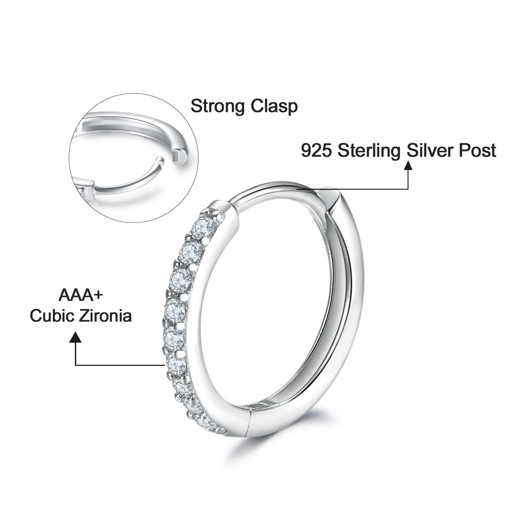 Sterling Silver Small Hoop Earrings Tiny Cartilage Earring Cubic Zirconia Cuff Huggie Earrings Mini Hoops Earrings Piercing for Women 3 Pairs 8mm
