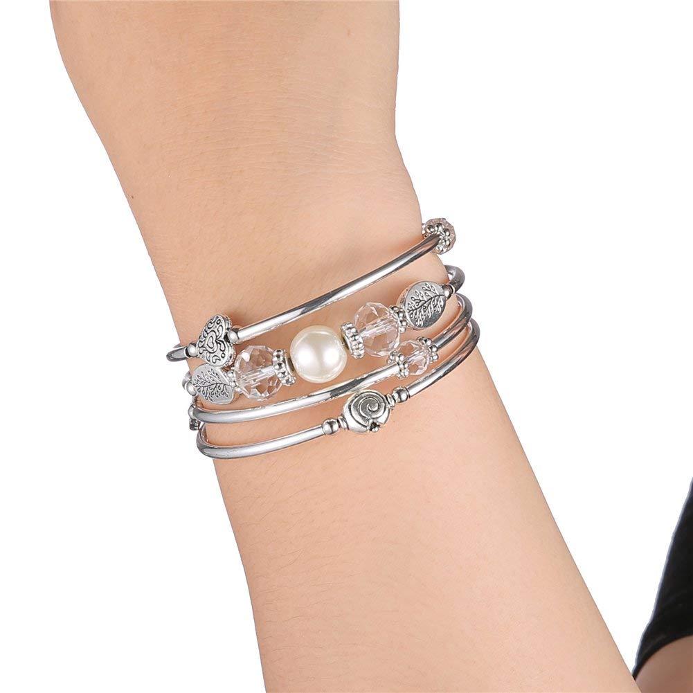 PEARL&CLUB Bead Crystal Wrap Bangle Bracelet - Fashion Jewelry Beaded Bracelet with Silver Metal, Gifts for Women(92-White)