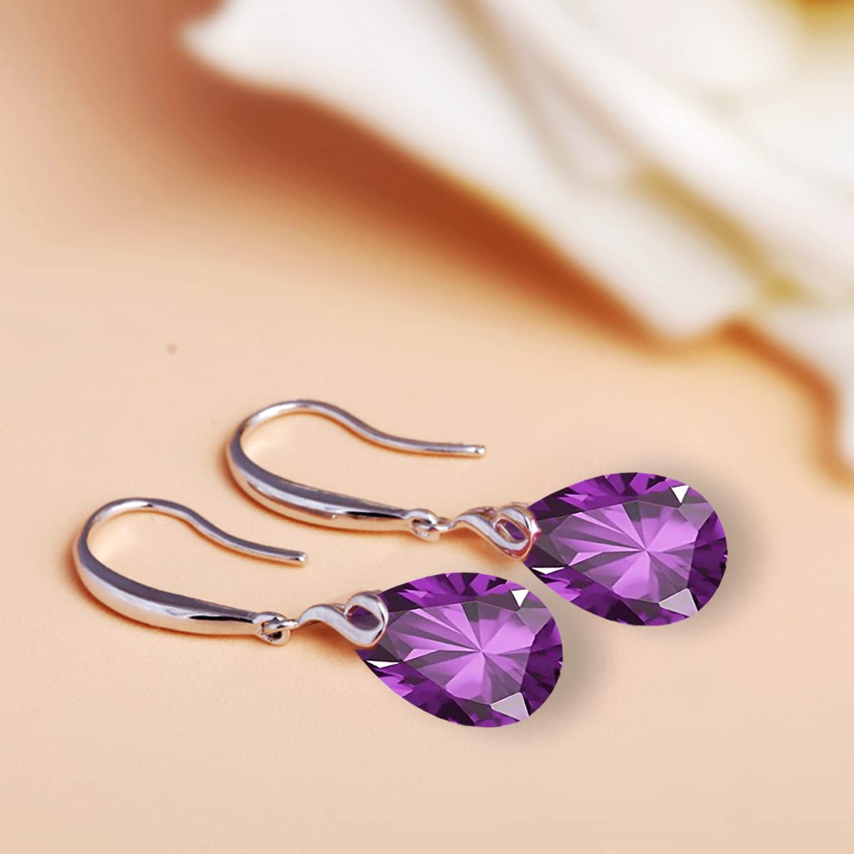 Maylover 14k White Gold Plated 925 Sterling Silver 12mm Pear Shape Naked Drill Crystal Dangle Earrings For Women (Earrings Purple color)