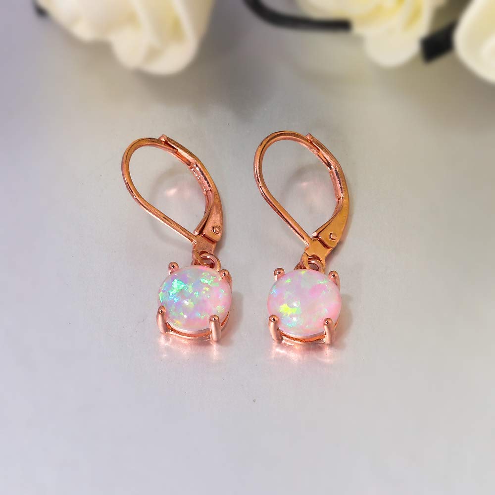 CiNily Rose Gold Plated Dangle Opal Earrings for Women, Leverback Drop Earrings Pink Opal Jewelry