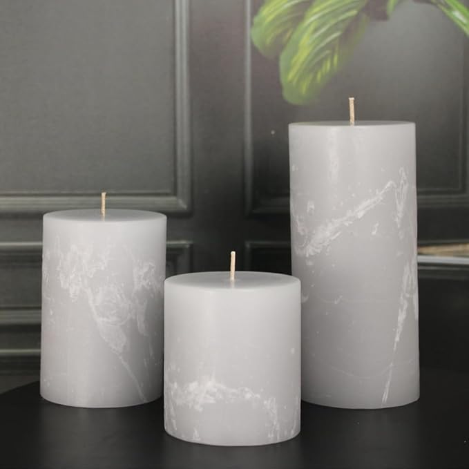 Simply Soson 3x4, 3x6, 3x8 inch Grey Pillar Candles, Set of 3 Pillar Candles, Rustic Texture, Unscented Grey Candles, Dripless Candles, Ideal as Wedding, Parties, Spa, Dinner, Home Decor, Church